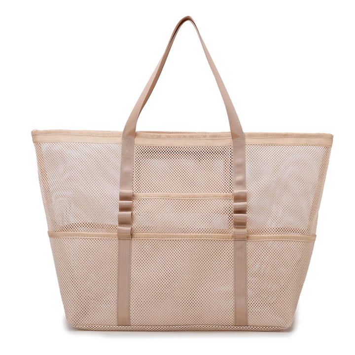 Women's large mesh beach tote bag for summer vacation. Lightweight, carryall for towels & essentials.