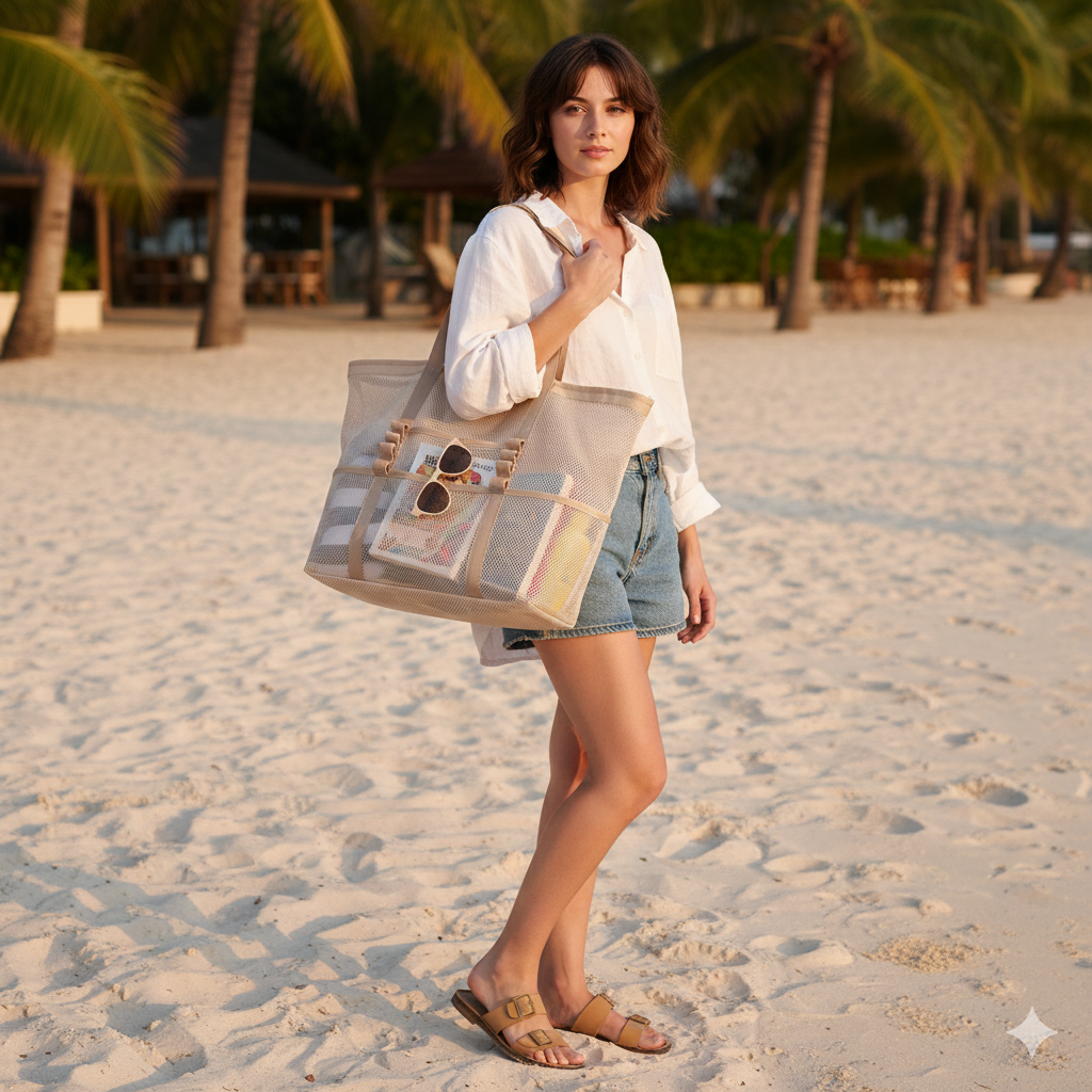 Spacious women's mesh beach tote, perfect for carrying all your summer essentials to the beach or pool.