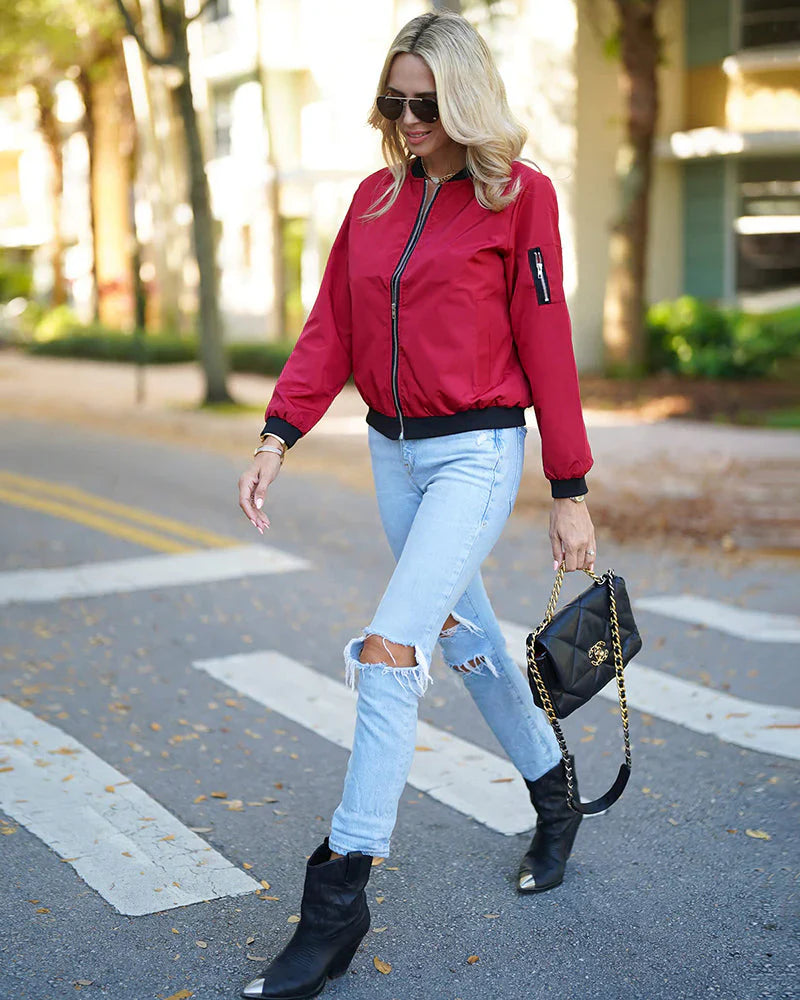 Modern women's bomber jacket, lightweight, comfortable, and effortlessly stylish.