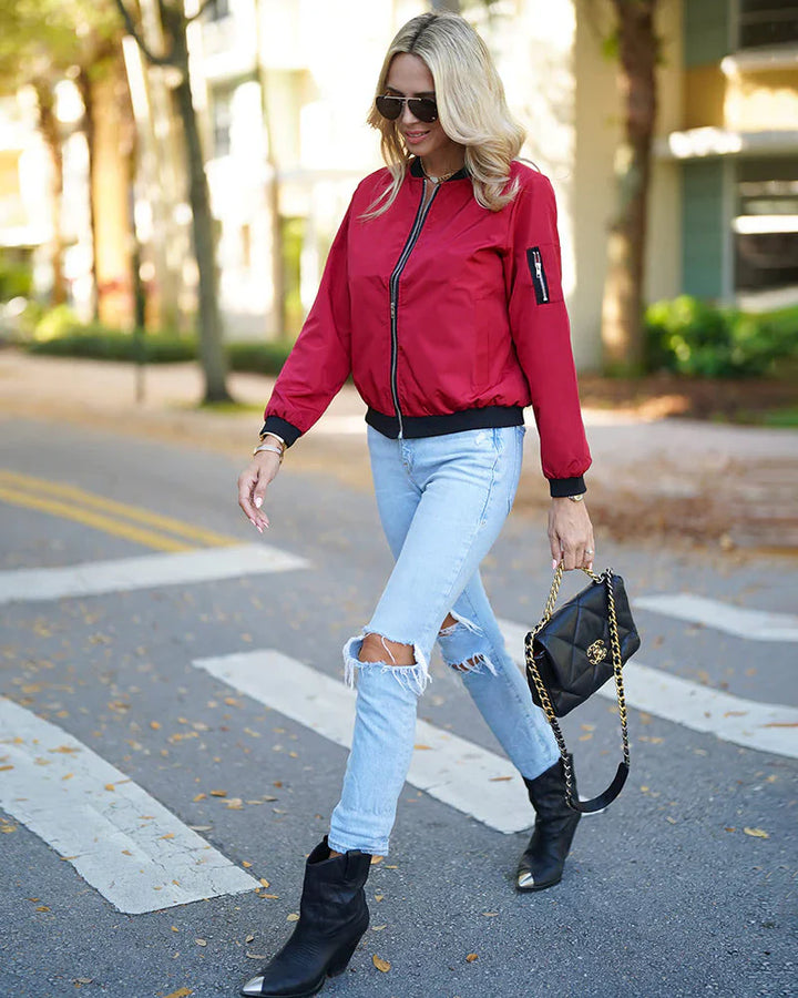 Modern women's bomber jacket, lightweight, comfortable, and effortlessly stylish.