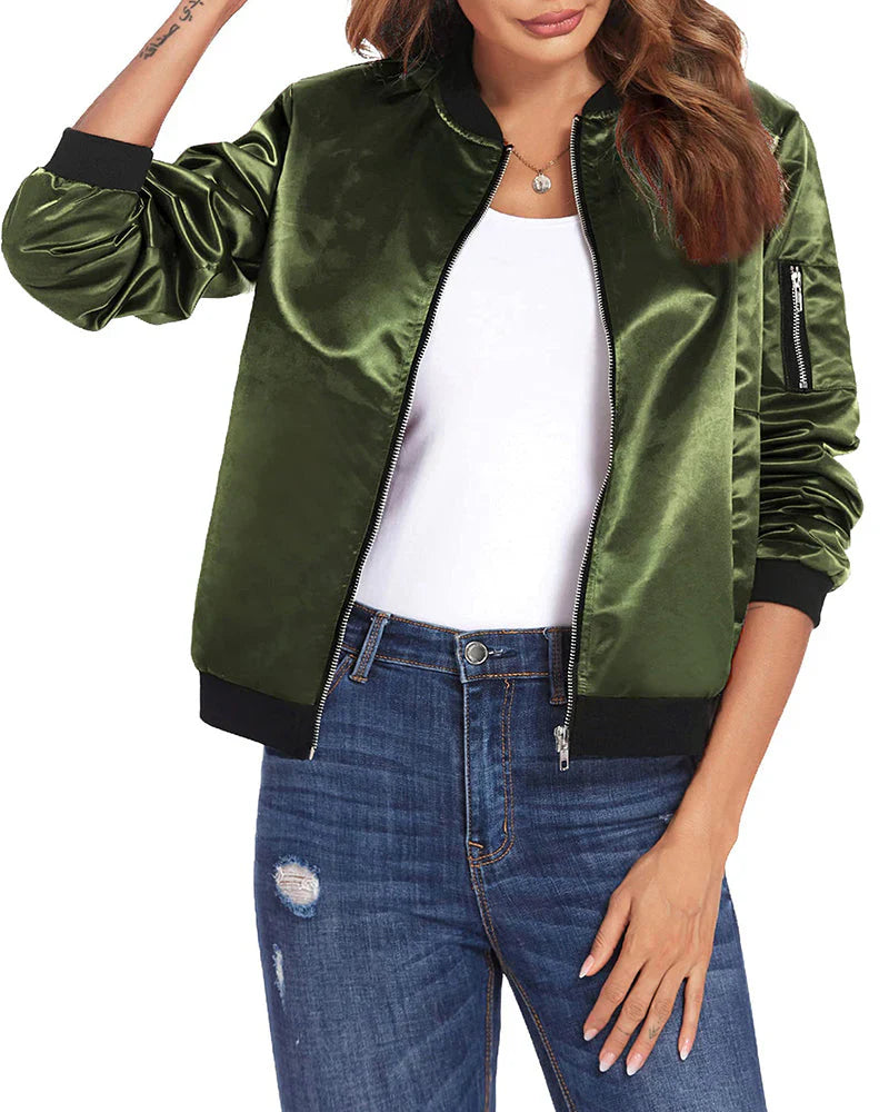 Versatile women's bomber jacket, lightweight design for casual or chic looks.