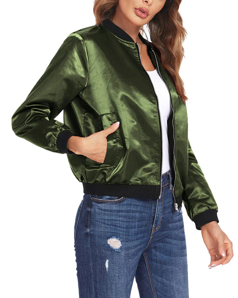 Zippered women's bomber jacket, lightweight & breathable, perfect as chic outerwear.