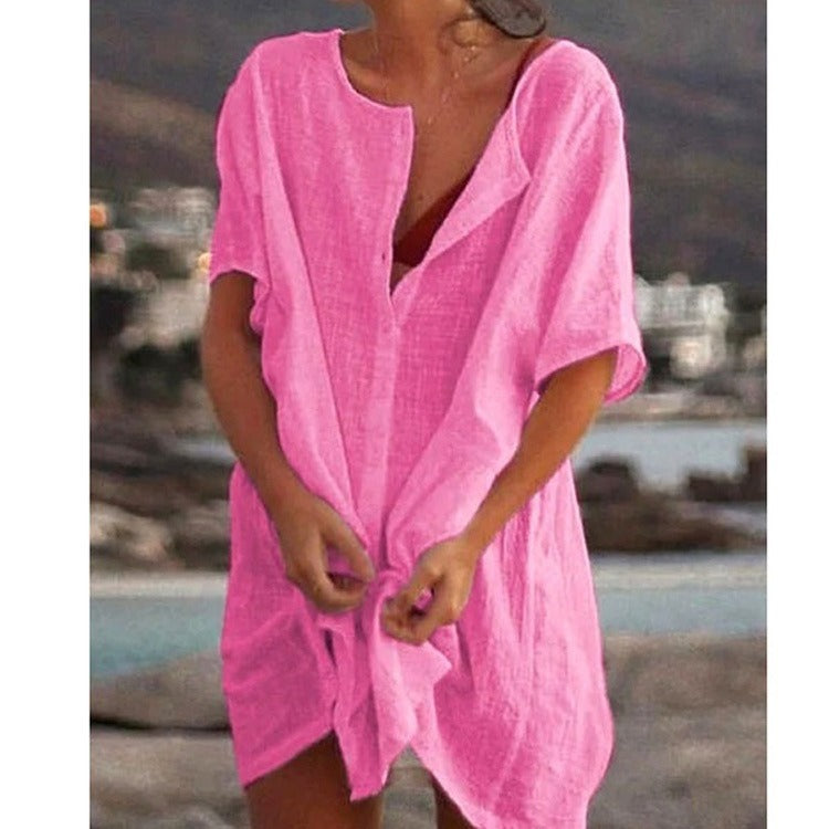 Women's vacation wear: a lightweight, flowy midi dress and essential beach swim cover-up.