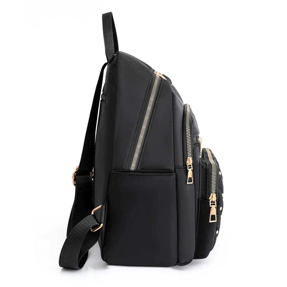 Close-up of women's water-resistant nylon backpack, highlighting spacious compartments & secure zippers.