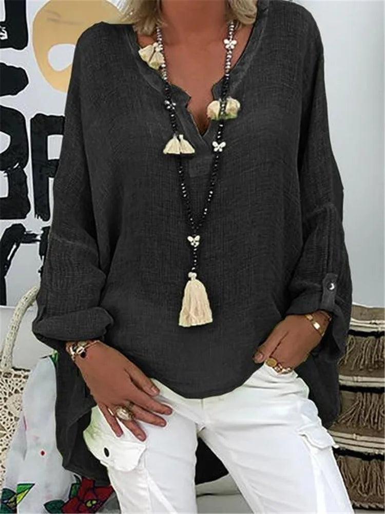 Comfortable lightweight women's long sleeve blouse, featuring a flowing fit, ideal for summer and plus sizes.