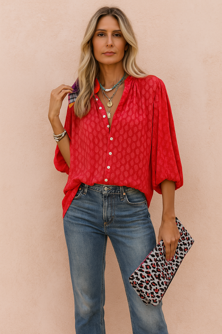 Fashionable women's button-down summer blouse. Lightweight, loose-fit, short-sleeve top for casual & chic style.