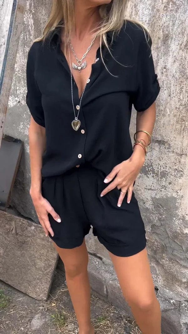 Comfortable women's two-piece lounge set with relaxed fit shorts and matching top.