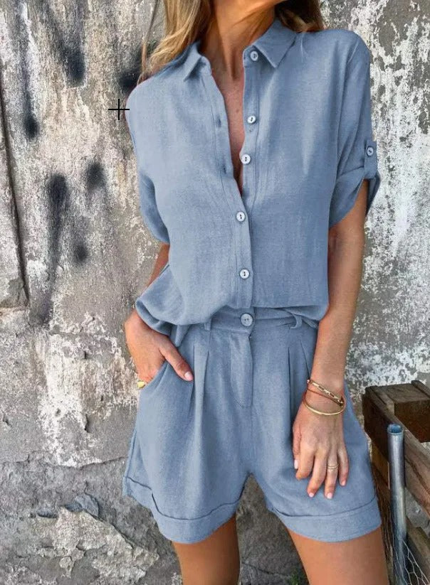 Stylish women's two-piece outfit: matching top & relaxed fit shorts, perfect for summer.