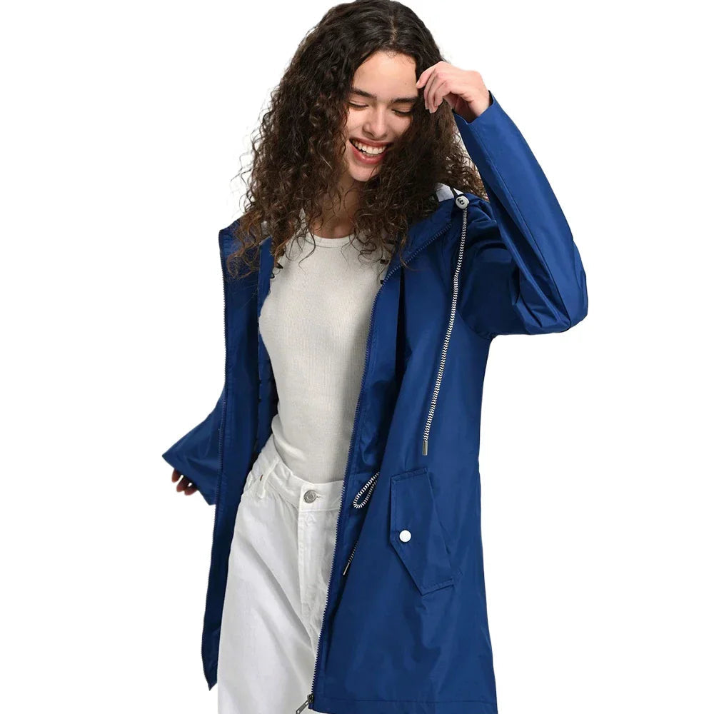 All-weather women's lightweight waterproof trench coat. Durable outdoor jacket, great for spring and fall rain.