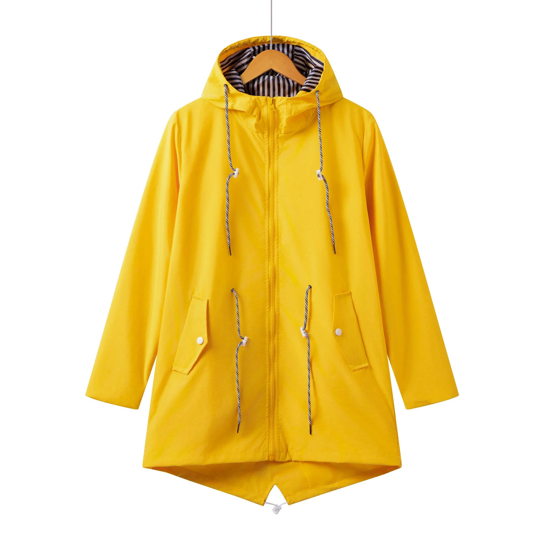 Packable women's lightweight waterproof trench coat. Versatile hooded rain jacket for travel & outdoor activities.