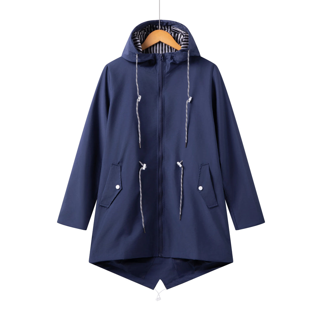 Front view: Women's lightweight waterproof trench coat. Stylish all-season hooded rain jacket for women.