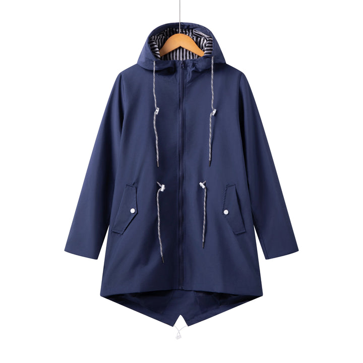 Front view: Women's lightweight waterproof trench coat. Stylish all-season hooded rain jacket for women.