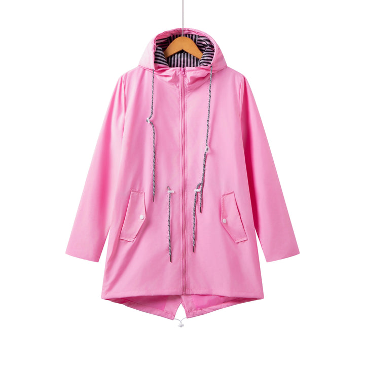 Women's lightweight waterproof trench coat, open. Versatile hooded jacket, perfect for spring and fall layering.