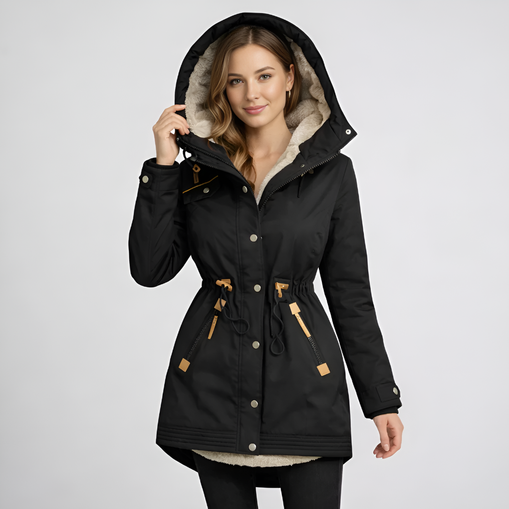 Women's lined hood parka with drawstring waist. Mid-length, warm outerwear for fall and spring fashion.