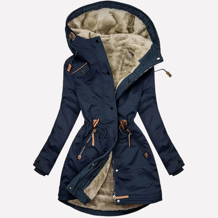 Warm women's parka for everyday wear. Features a cozy lined hood and practical drawstring waist. Casual fall outerwear.