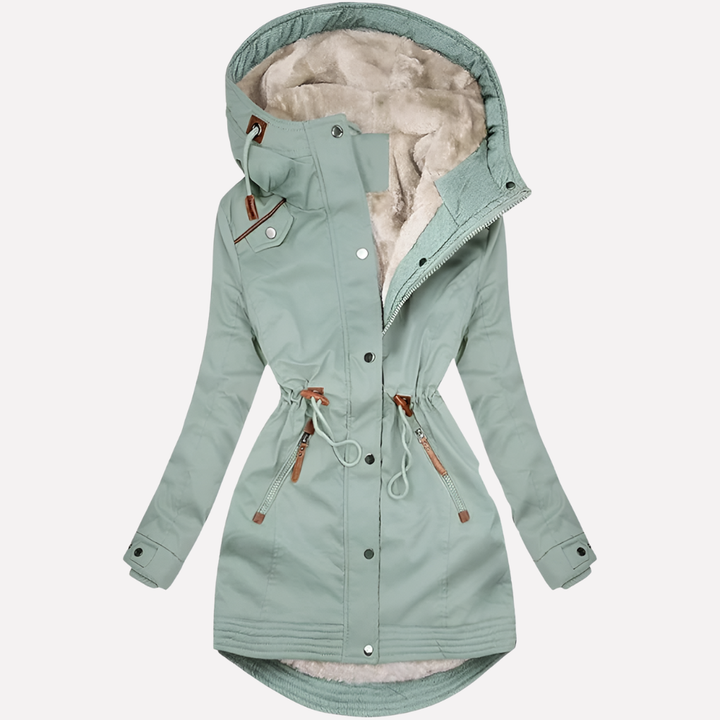 Casual women's mid-length hooded jacket, perfect for spring/fall. Lined, with a cinchable drawstring waist for comfort.