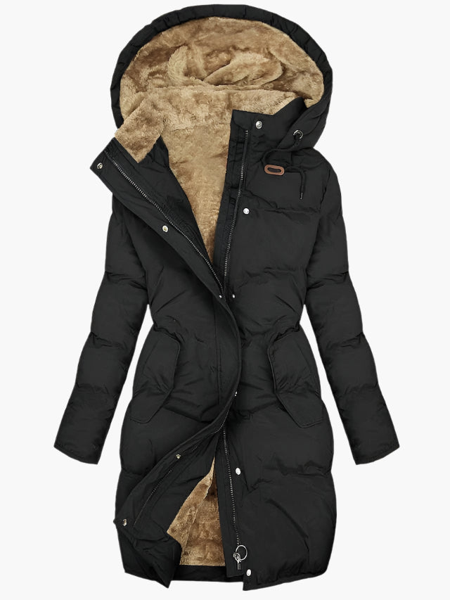 Warm women's long hooded quilted winter jacket, perfect for cold weather outerwear, combining style & comfort.