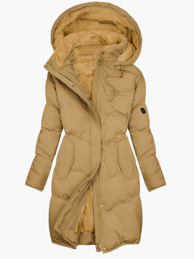 Stylish women's long quilted hooded winter coat, ideal cold weather outerwear for ladies fashion & everyday warmth.