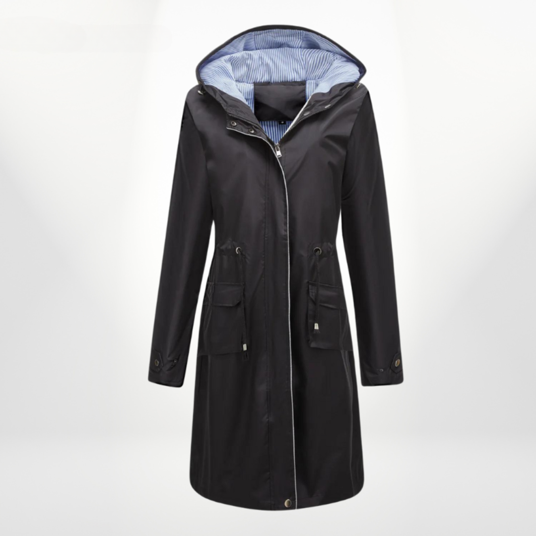 Women's long rain jacket with hood, drawstring waist, and zip-up front for all-weather protection.