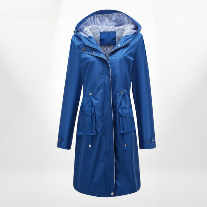 Comfortable women's all-weather long rain jacket. Features a hood, drawstring waist, and full zip for ultimate protection.