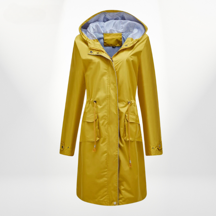 Versatile women's long rain jacket. Waterproof hooded coat with drawstring waist and zip-up design, perfect for any outfit.