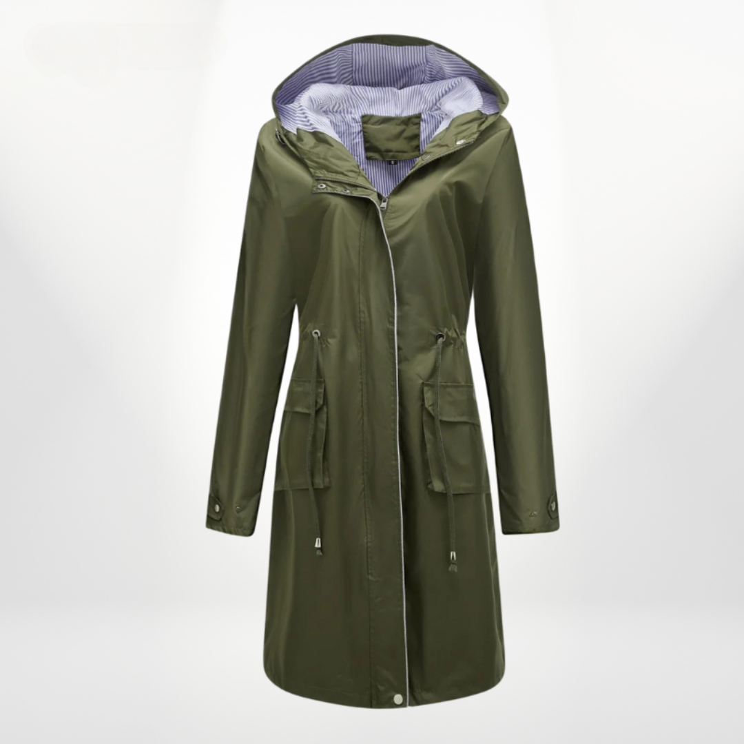 Zip-up women's long rain jacket, a waterproof hooded coat with an adjustable drawstring waist for a flattering fit.