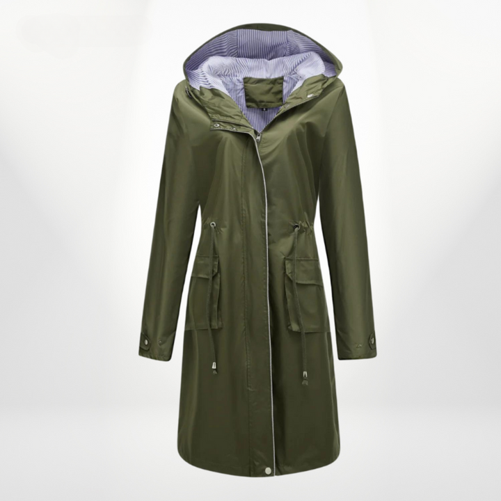 Zip-up women's long rain jacket, a waterproof hooded coat with an adjustable drawstring waist for a flattering fit.