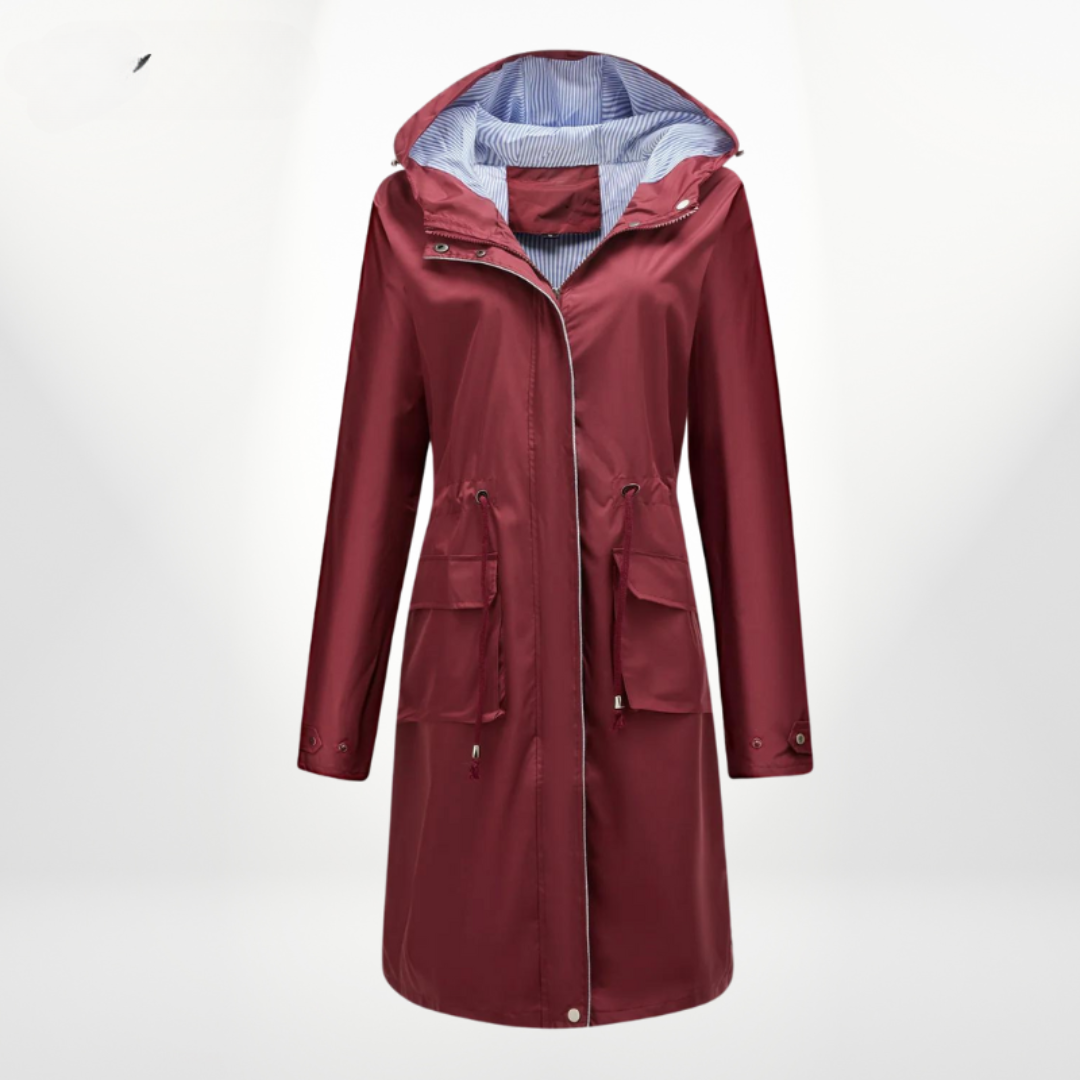 Essential women's long rain jacket. Hooded waterproof outerwear with zip and drawstring waist, ideal for travel & daily use.
