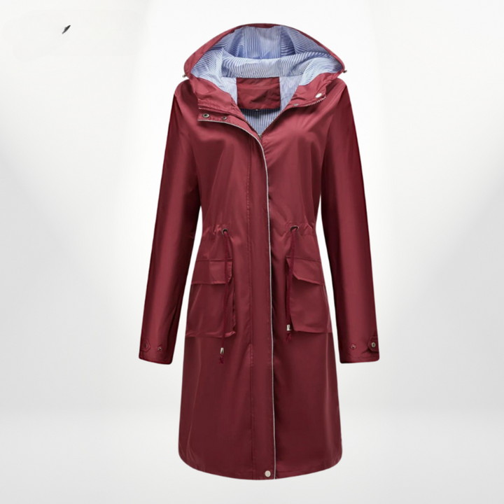 Essential women's long rain jacket. Hooded waterproof outerwear with zip and drawstring waist, ideal for travel & daily use.