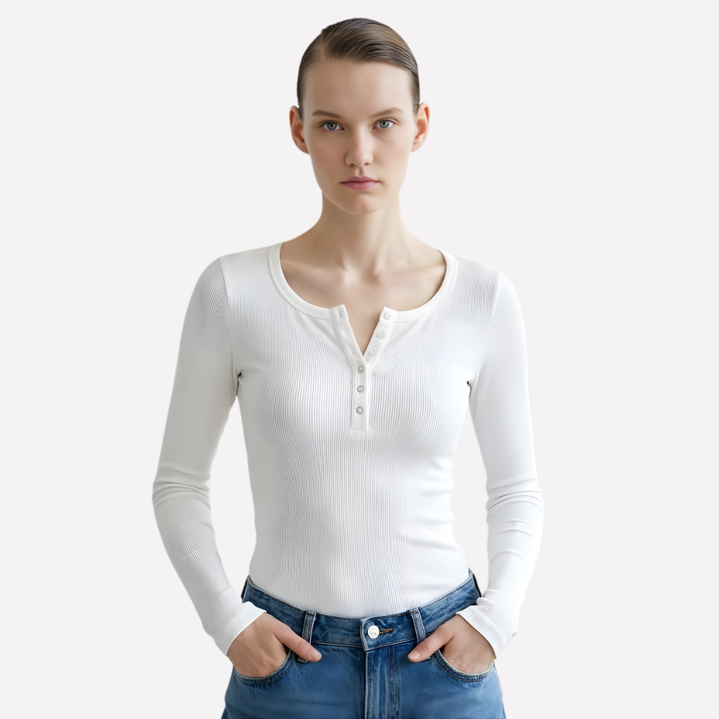 Women's long sleeve ribbed Henley top, featuring a button-down placket, perfect for casual everyday wear.