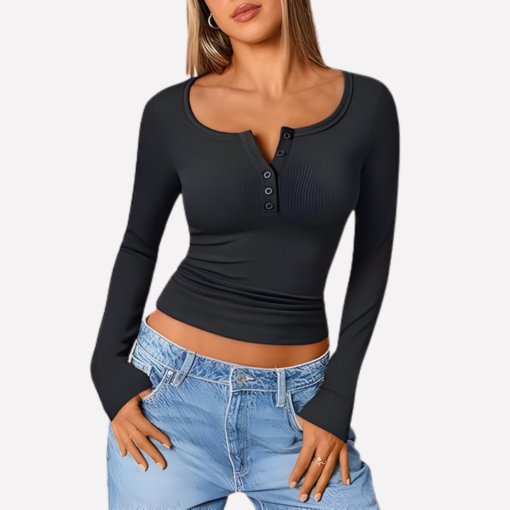 Versatile women's long sleeve ribbed Henley top, a chic button-down for casual or dressed-up womenswear.