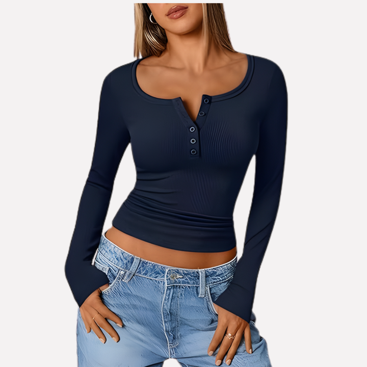 Elegant women's long sleeve ribbed Henley top with functional button-down placket, a must-have casual wear.