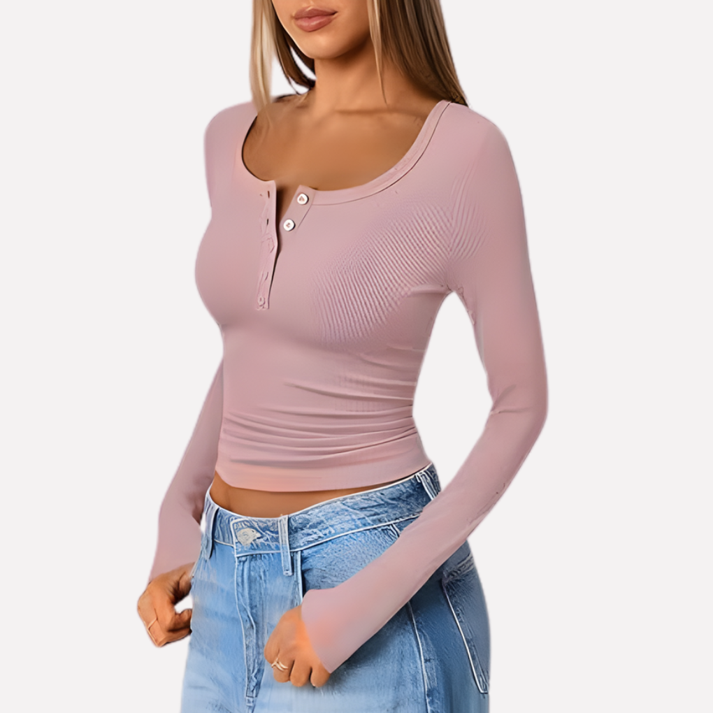 Cozy women's long sleeve ribbed Henley top, a comfortable and fashionable choice for everyday casual wear.