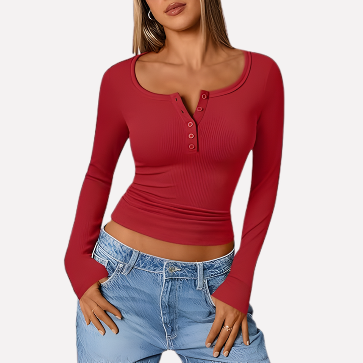 Fashionable women's ribbed Henley top with long sleeves, perfect for versatile layering & everyday style.