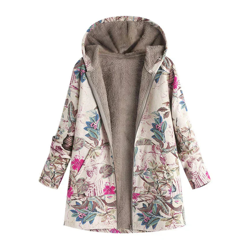 Women's long spring jacket with hood & front pockets, perfect for transitional weather. Lightweight casual outerwear.