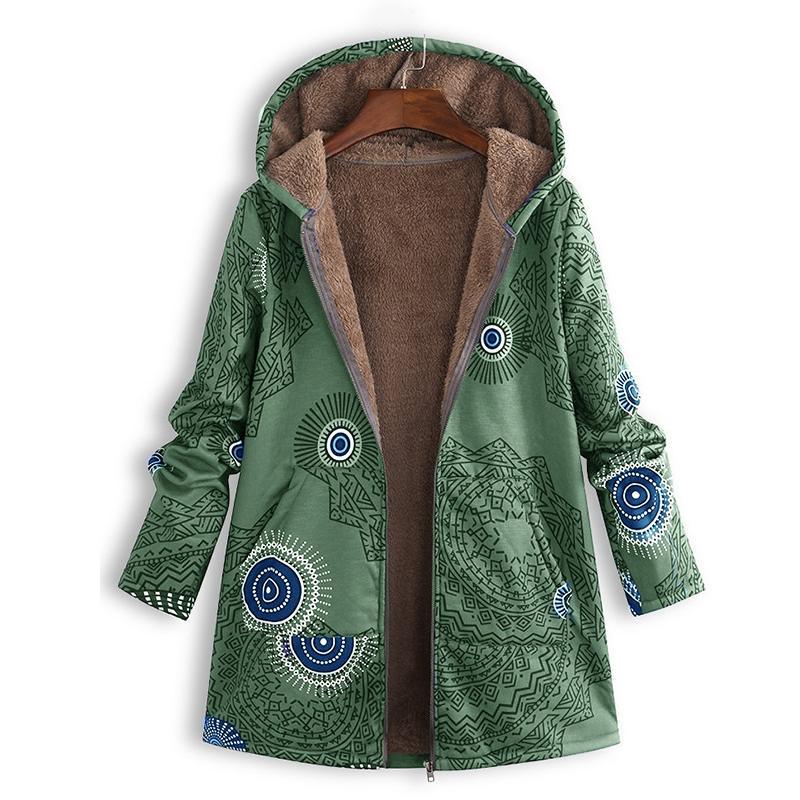 Full-length women's spring jacket, hooded, featuring convenient front pockets & lightweight transitional design.