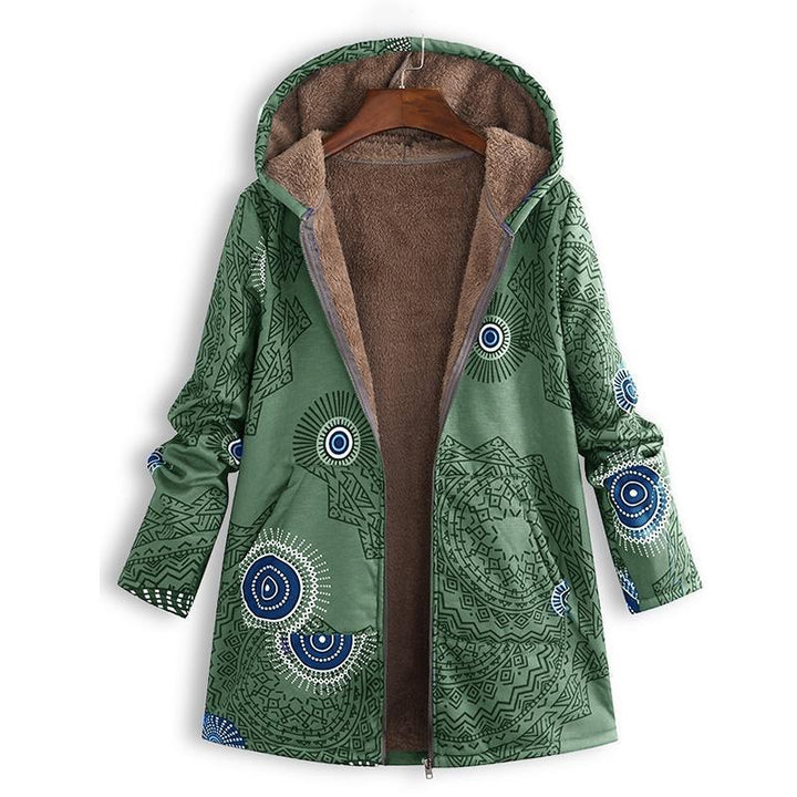 Full-length women's spring jacket, hooded, featuring convenient front pockets & lightweight transitional design.