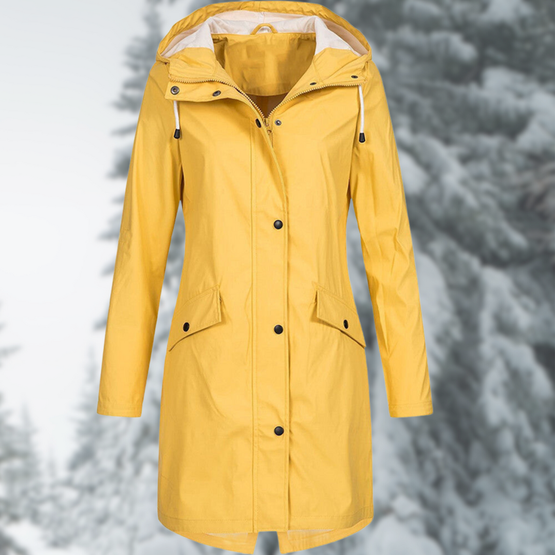 Women's long waterproof raincoat with adjustable hood, ideal for spring & fall. Stylish outerwear for rain protection.