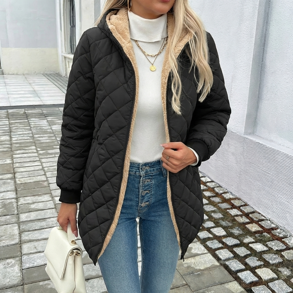 Women's longline quilted coat with hood, padded for ultimate winter warmth & style. Perfect for cold weather.