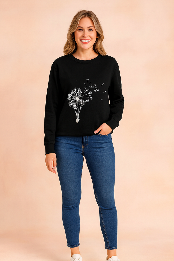 Women's loose fit sweatshirt with a charming dandelion graphic print. Comfortable long sleeve pullover for casual wear.