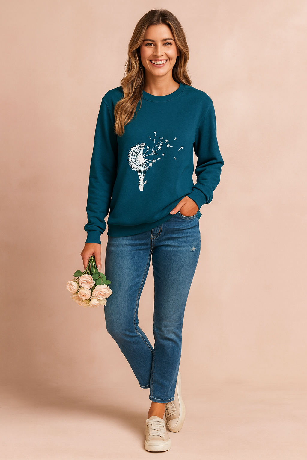 Unique women's loose fit sweatshirt featuring an artistic dandelion graphic print. Comfortable long sleeve top.