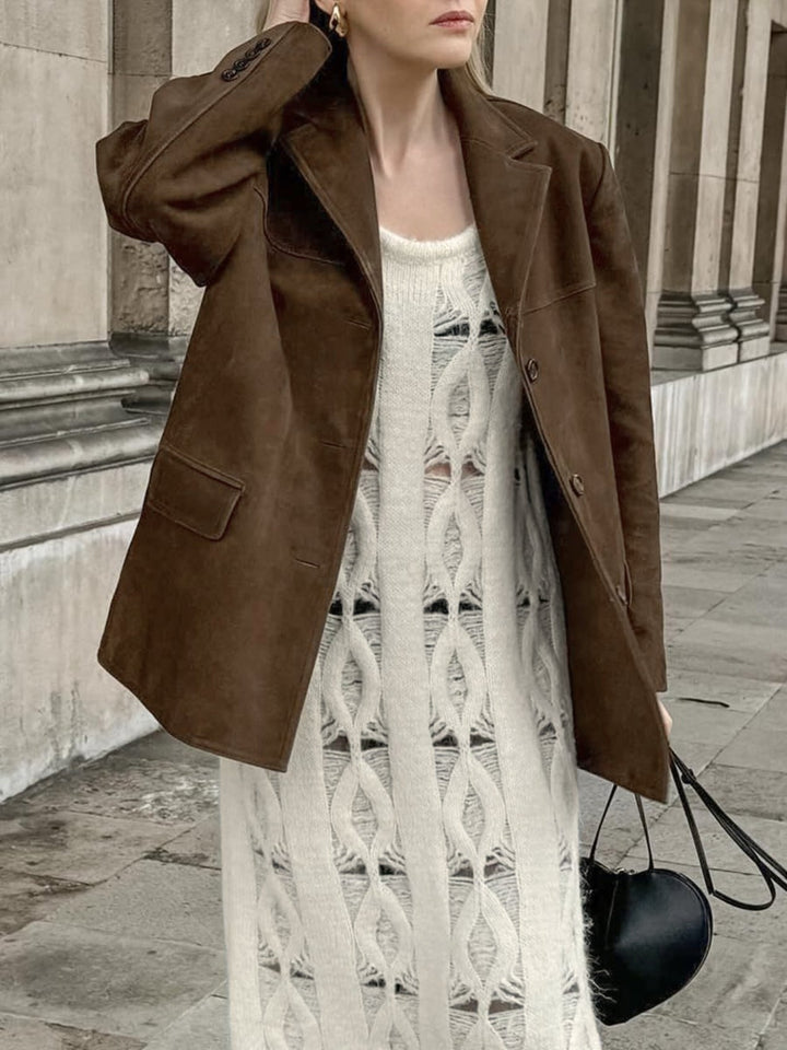 Chic women's brown suede oversized jacket, button-front, notched lapel. Perfect for workwear or casual outfits.
