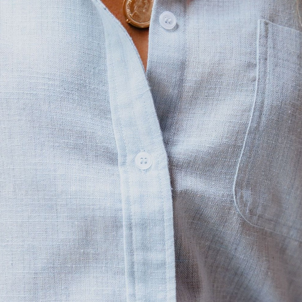 Breathable linen-cotton women's Malani long sleeve blouse, stand collar, chest pocket. Versatile all-season top.