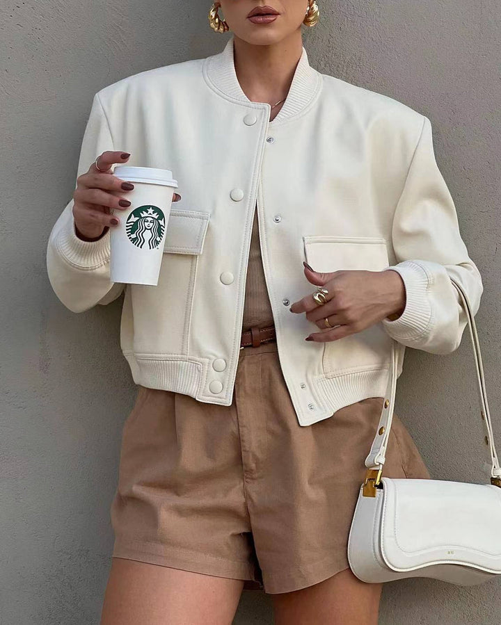 Modern women's cropped jacket, the Maven bomber featuring practical utility pockets.