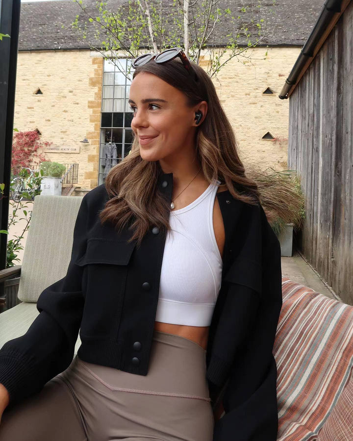 Chic women's outerwear: Maven cropped bomber jacket, perfect for winter and casual styling.