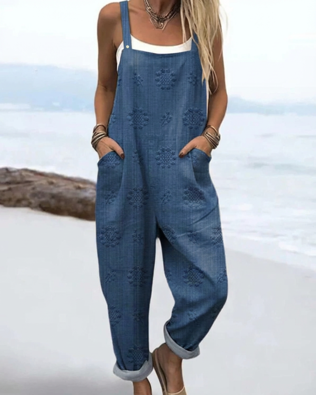 Women's Meadow Glow floral print jumpsuit, loose fit, perfect for elegant summer fashion & comfortable resort wear.