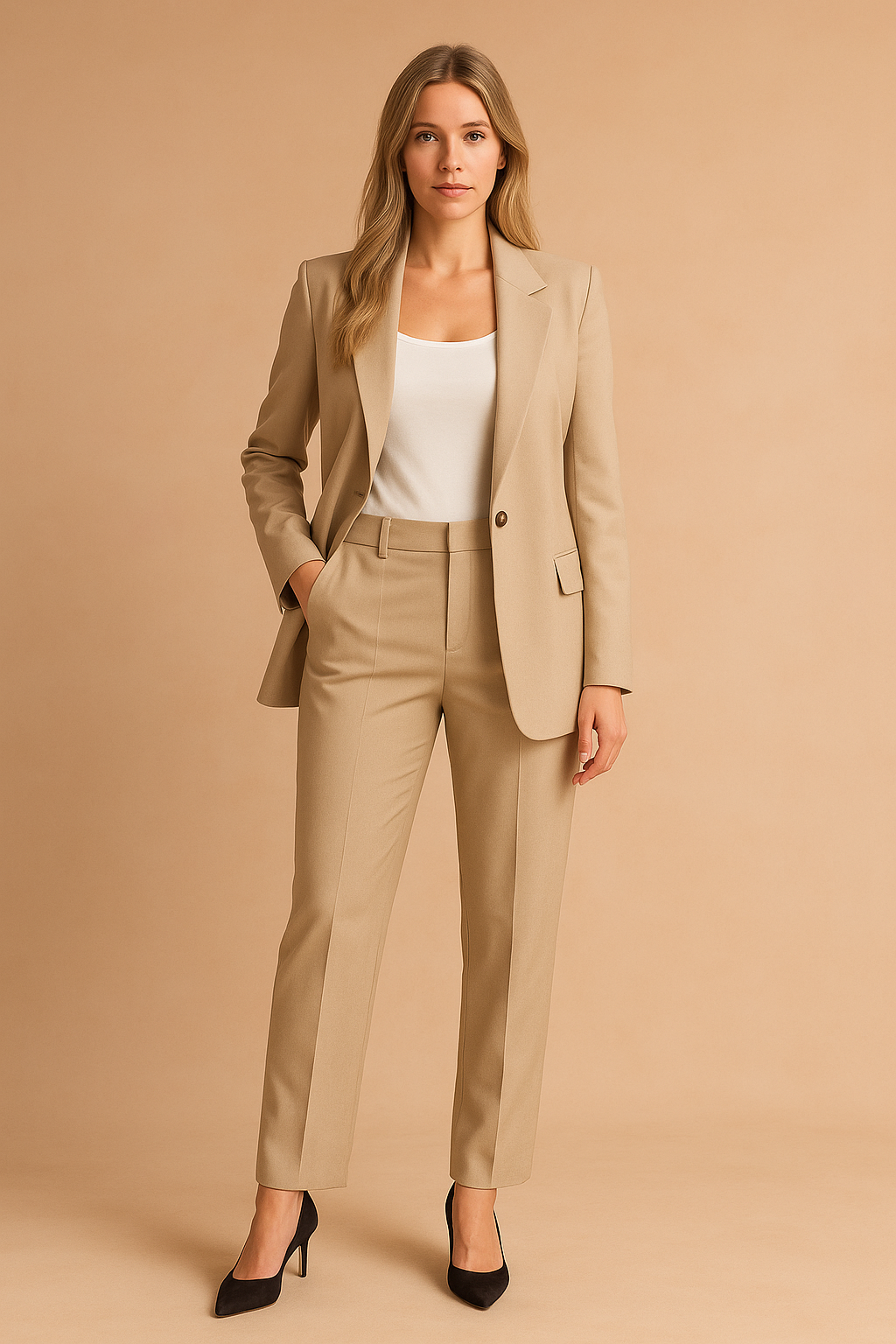 Women's modern fitted blazer suit. Elegant professional two-piece business attire for office and events.