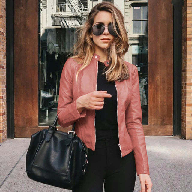 Classic women's Naomi leather jacket, elegant and versatile, ideal for modern stylish fashion.