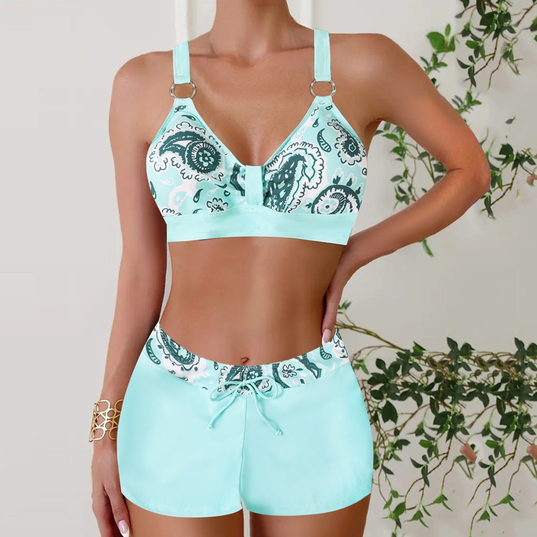 Complete women's nautical two-piece swim set for summer beach & pool. Flattering bikini style with adjustable features.