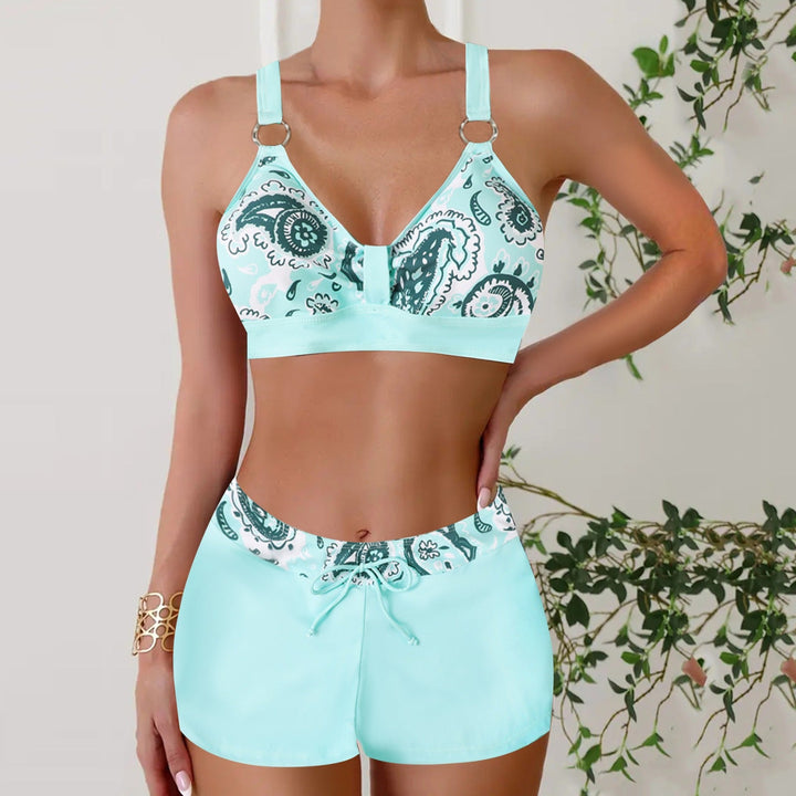 Complete women's nautical two-piece swim set for summer beach & pool. Flattering bikini style with adjustable features.